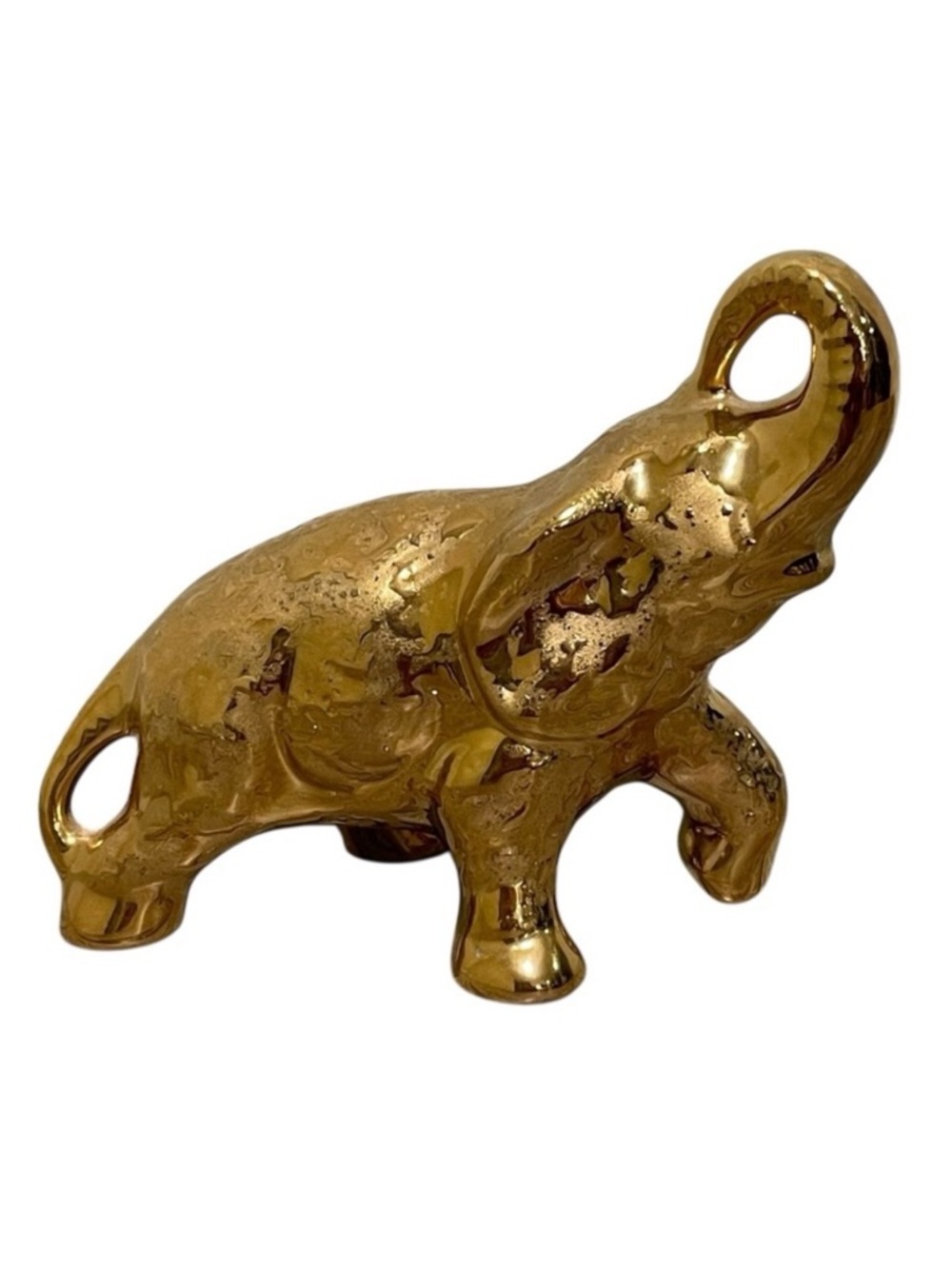 Vintage Gold Painted Porcelain Elephant Figurine Trunk Up Good Luck 6"x4.5"